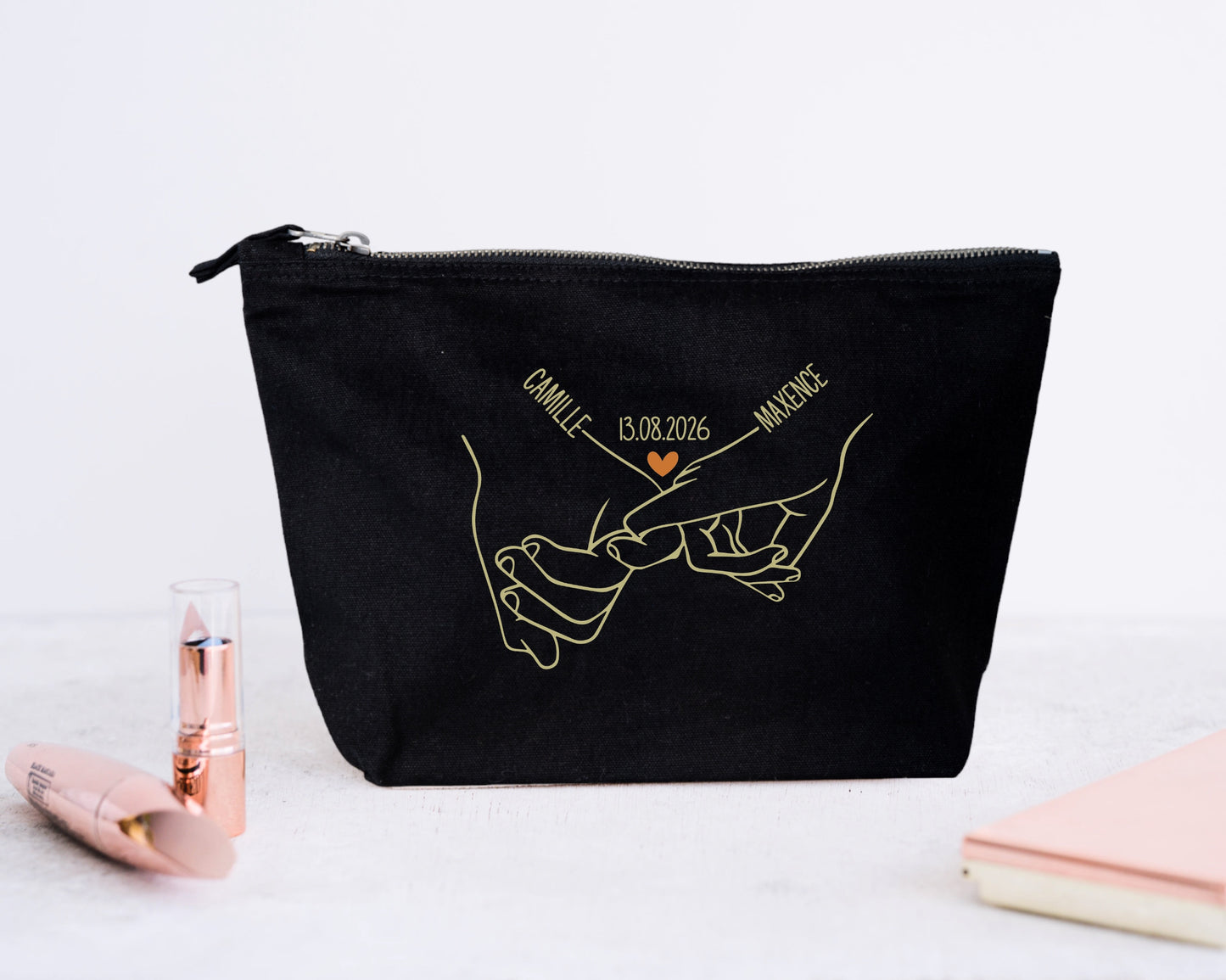 Trousse Personnalisée Couple Prénoms et Date, Cadeau Couple, Trousse Maquillage Personnalisée, Cadeau Saint Valentin, Anniversaire