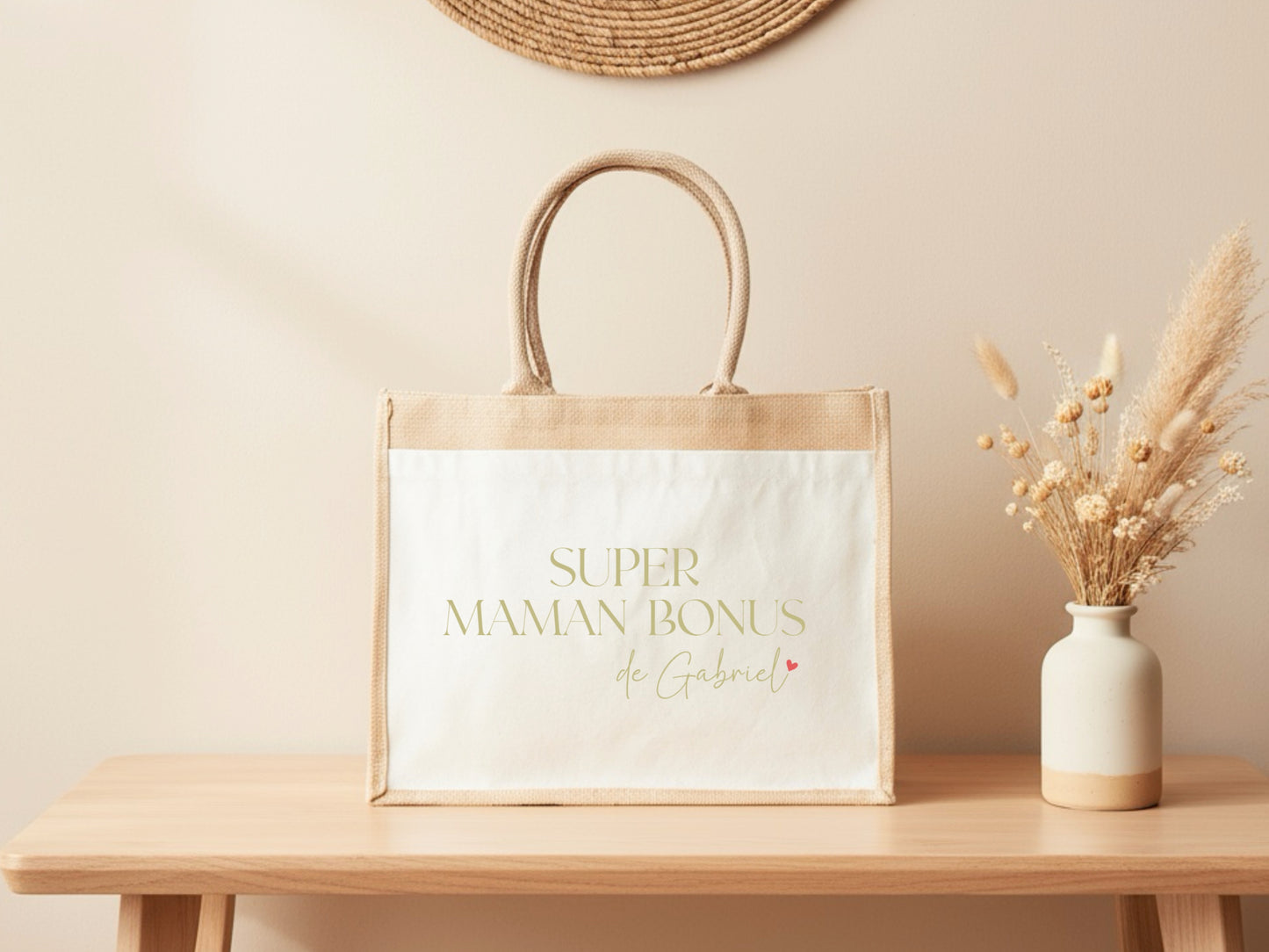 Cabas jute "Super maman bonus" personnalisé – Prénom – Cadeau belle-maman – Famille recomposée – Fête des mères