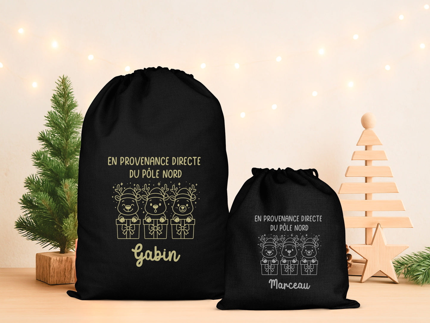 Pochon Noël Personnalisé Prénom Enfant | Hotte Père Noël Renne Pôle Nord | Sac Cadeau Coton Réutilisable | 5 Tailles