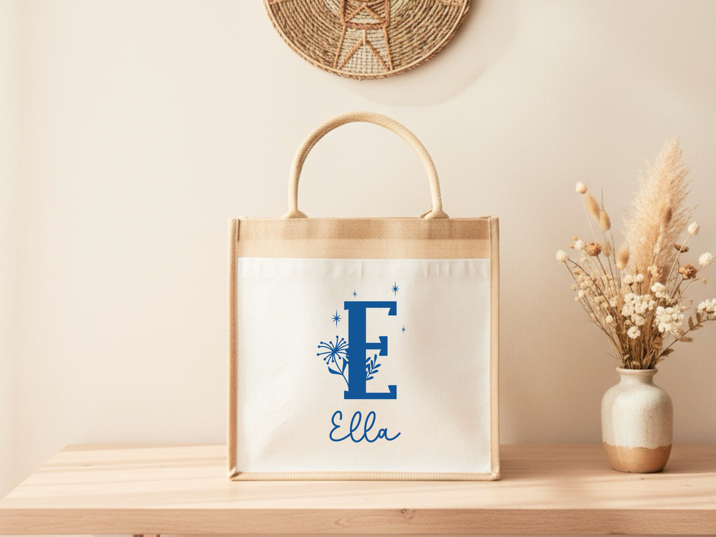 Cabas jute personnalisé initiale + prénom – Sac jute shopping – Cadeau personnalisé femme enfant – Anniversaire