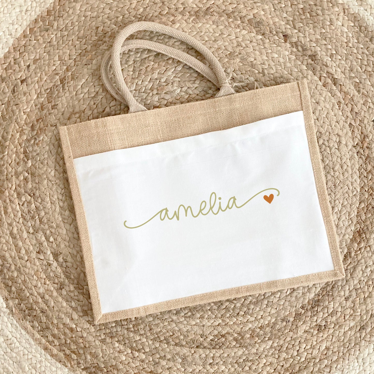 Cabas jute personnalisé prénom avec petit cœur – Sac jute – Cadeau personnalisé – Shopping plage
