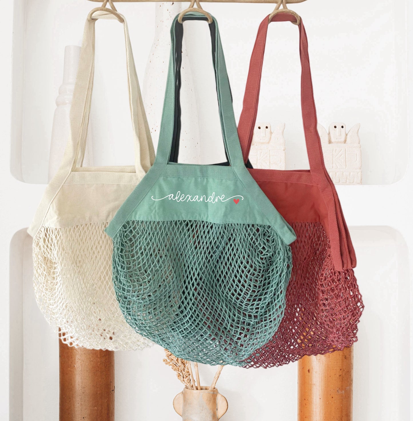 Sac filet courses personnalisé prénom avec petit cœur – Sac réutilisable – Cadeau personnalisé