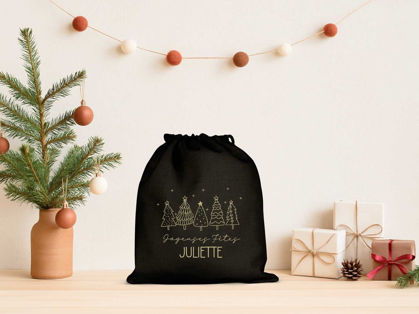 Pochon Noël Personnalisé Prénom | Hotte Père Noël Livraison Spéciale Renne | Sac Cadeau Enfant Coton | Joyeux Noël | 5 Tailles