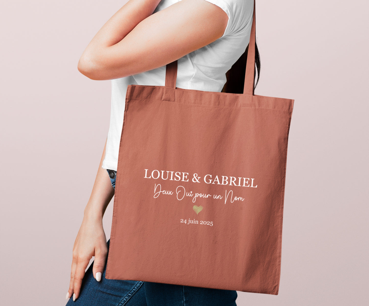 Tote bag mariage personnalisé prénoms & date – “Deux oui pour un nom” – Cadeau mariage – EVJF