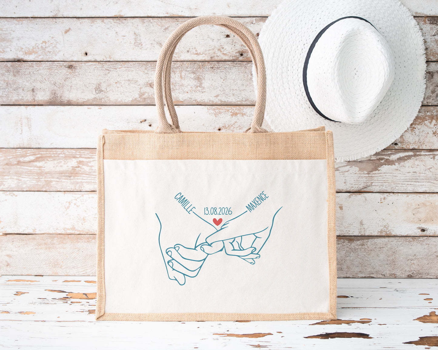 Sac Cabas Couple Personnalisé Prénoms et Date, Cadeau Couple, Sac Plage Personnalisé, Cadeau Mariage, Cadeau Saint Valentin