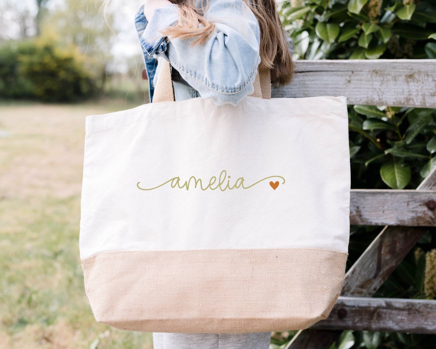 Grand sac XL coton & jute personnalisé prénom avec petit cœur – Sac shopping – Cadeau personnalisé