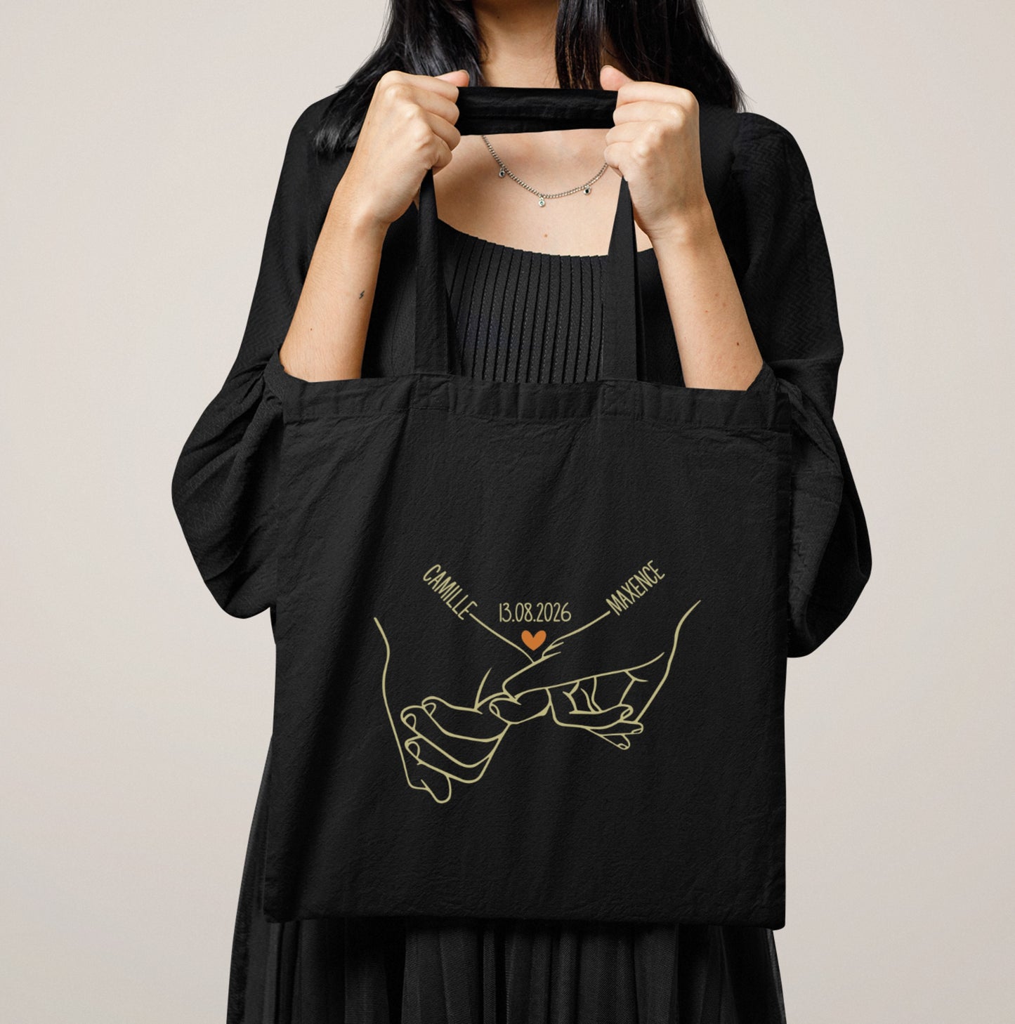 Tote Bag Couple Personnalisé Prénoms et Date, Sac Tote Bag Amoureux, Cadeau Couple, Cadeau Saint Valentin, Anniversaire de Rencontre