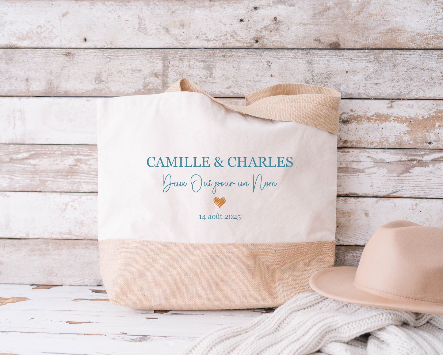 Grand sac XL mariage personnalisé prénoms & date - « Deux oui pour un nom » - Cadeau mariage - Cabas personnalisé mariage