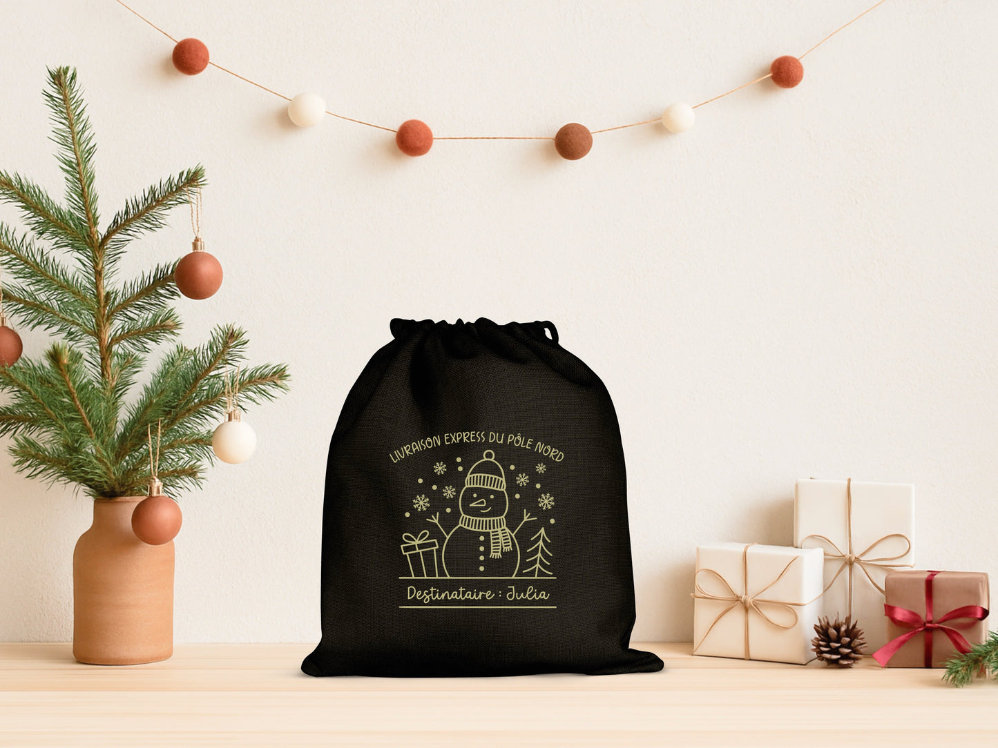 Pochon Noël Personnalisé Enfant | Hotte Père Noël Bonhomme de Neige Pôle Nord | Sac Cadeau Livraison Express | Coton | 5 Tailles