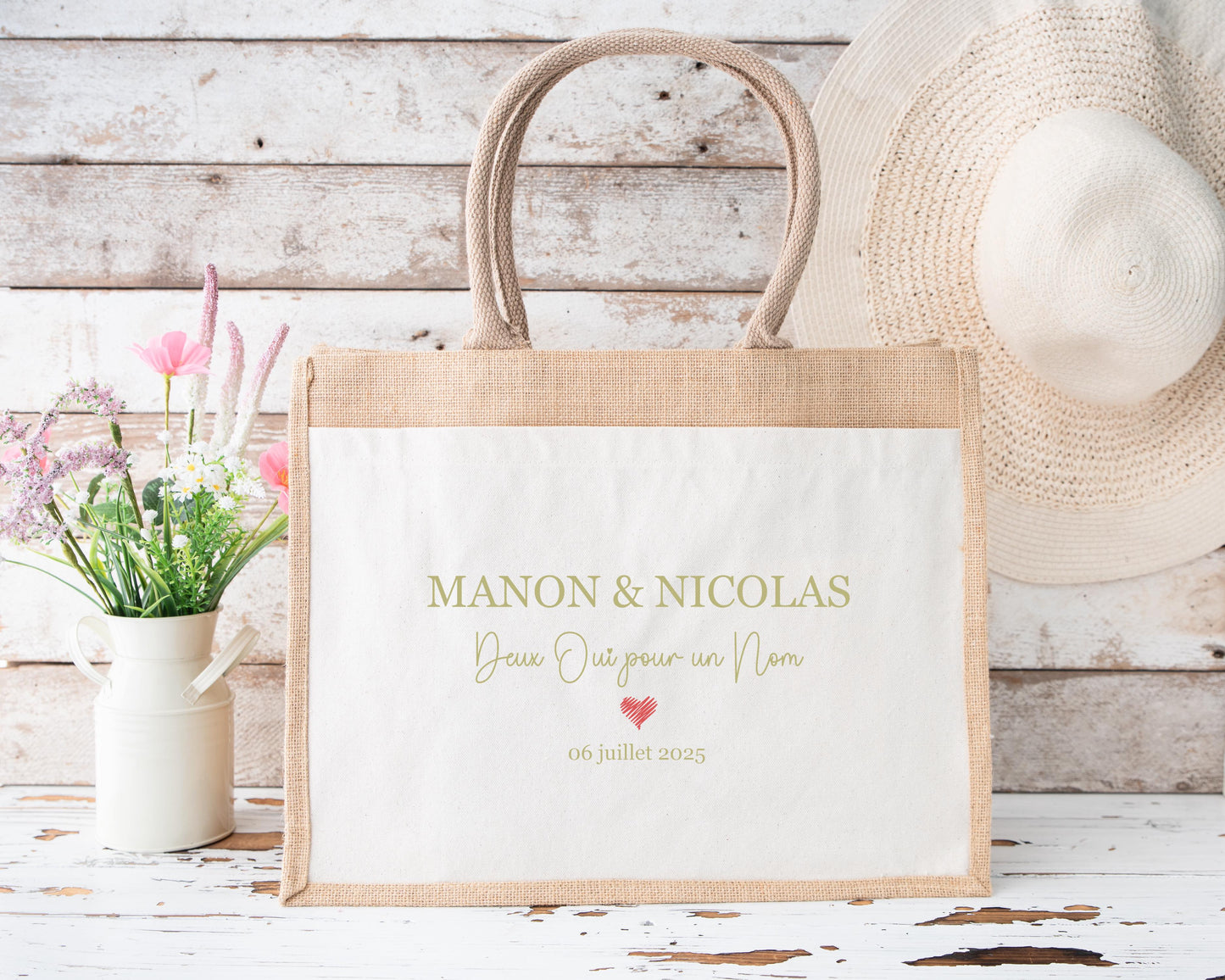 Cabas jute mariage personnalisé prénoms & date – “Deux oui pour un nom” – Cadeau mariés