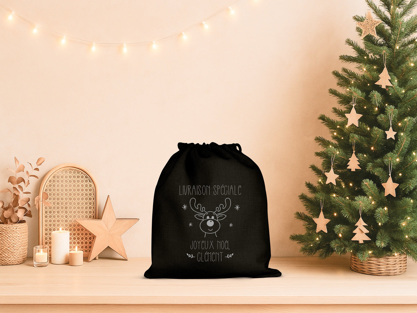 Pochon Noël Personnalisé Prénom | Hotte Père Noël Livraison Spéciale Renne | Sac Cadeau Enfant Coton | Joyeux Noël | 5 Tailles