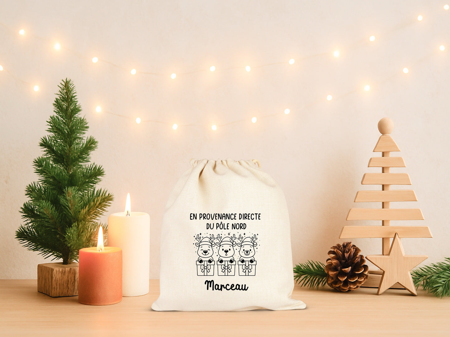 Pochon Noël Personnalisé Prénom Enfant | Hotte Père Noël Renne Pôle Nord | Sac Cadeau Coton Réutilisable | 5 Tailles