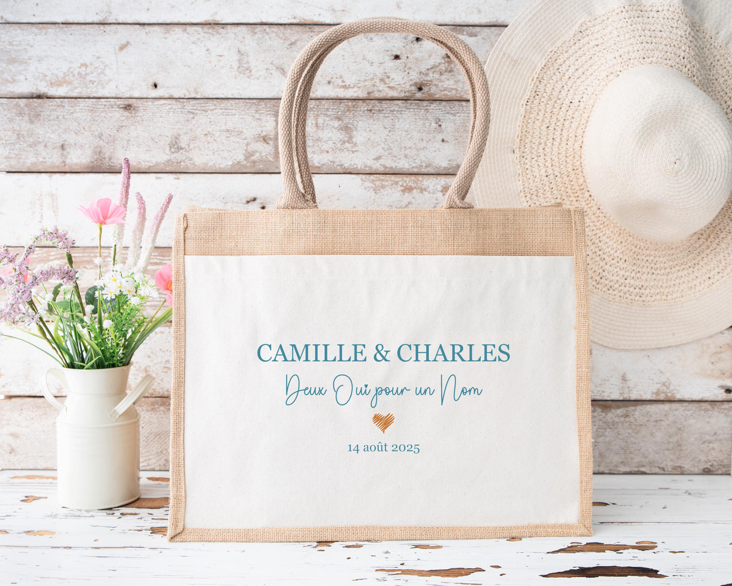 Cabas jute mariage personnalisé prénoms & date – “Deux oui pour un nom” – Cadeau mariés