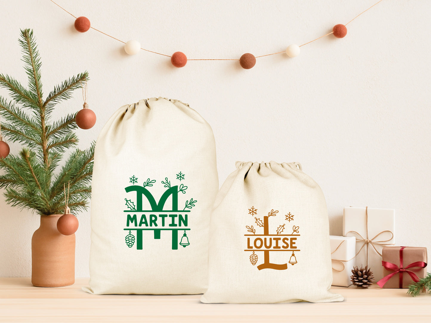 Sac cadeau Noël, Hotte de Noël personnalisée, Emballage Noël, Pochon Noël personnalisé