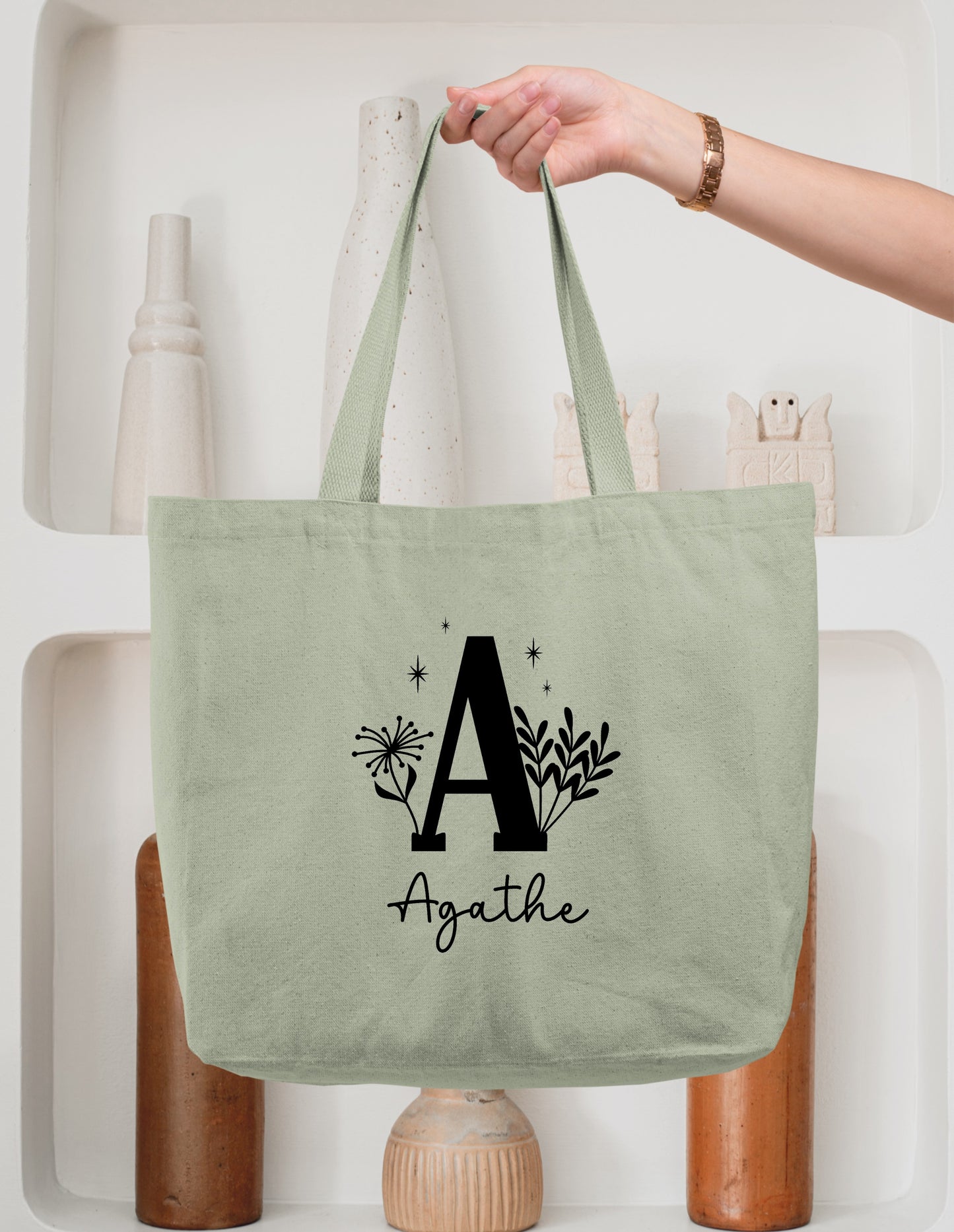 Sac cabas coton personnalisé initiale + prénom – Tote bag cabas – Cadeau femme enfant – Sac shopping – Anniversaire