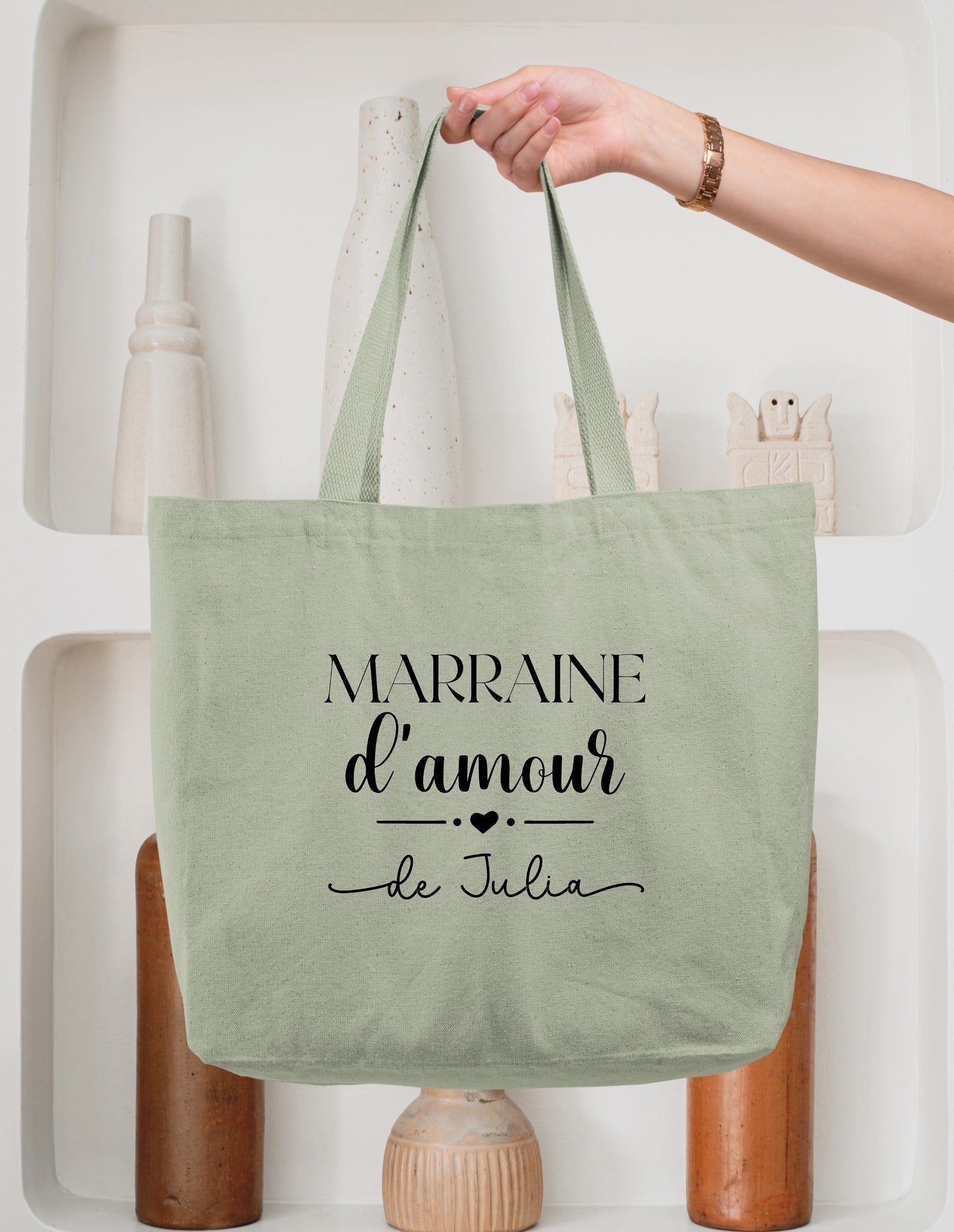Sac cabas coton Marraine d’amour personnalisé – Prénom filleul(e) – Cadeau marraine – Baptême – Anniversaire
