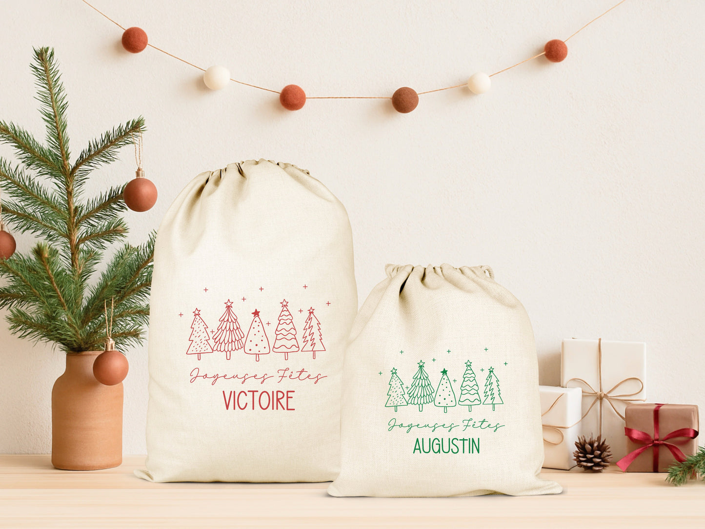Pochon Noël Personnalisé Prénom | Hotte Père Noël Livraison Spéciale Renne | Sac Cadeau Enfant Coton | Joyeux Noël | 5 Tailles