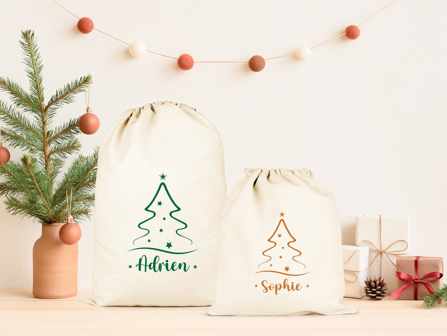 Sac cadeau Noël, Hotte de Noël personnalisée, Emballage Noël, Pochon Noël personnalisé