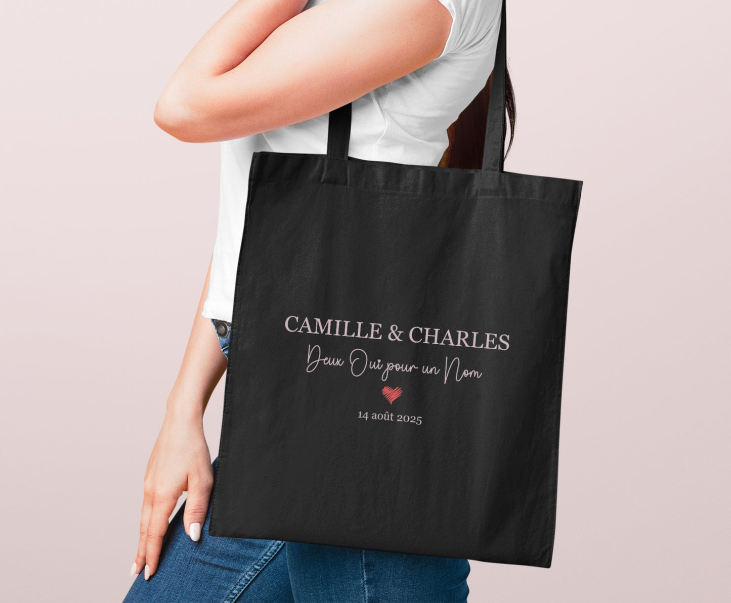 Tote bag mariage personnalisé prénoms & date – “Deux oui pour un nom” – Cadeau mariage – EVJF