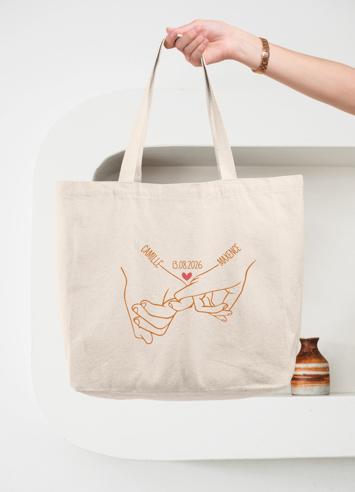 Cabas Coton Personnalisé Couple Prénoms et Date, Sac Cabas Amoureux, Cadeau Couple, Cadeau Mariage, Cadeau Saint Valentin