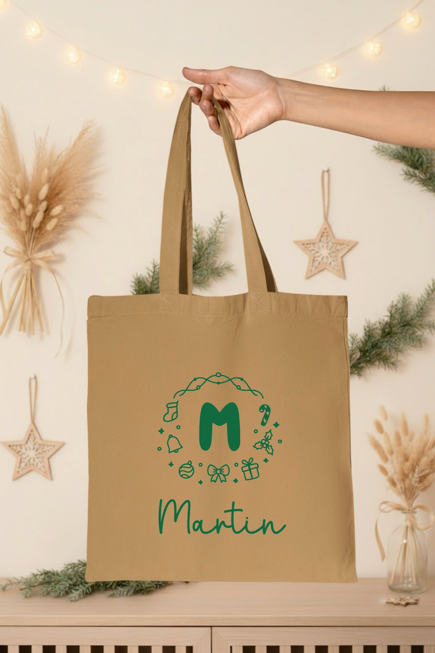 Tote Bag Noël Personnalisé Initiale Prénom | Sac Courses Couronne Motifs Festifs Coton | Cadeau Noël Réutilisable | 7 Couleurs