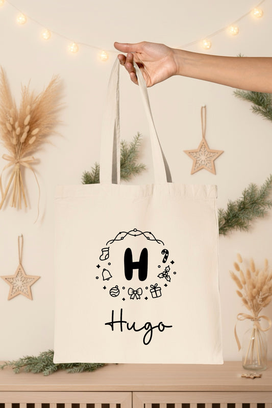 Tote Bag Noël Personnalisé Initiale Prénom | Sac Courses Couronne Motifs Festifs Coton | Cadeau Noël Réutilisable | 7 Couleurs