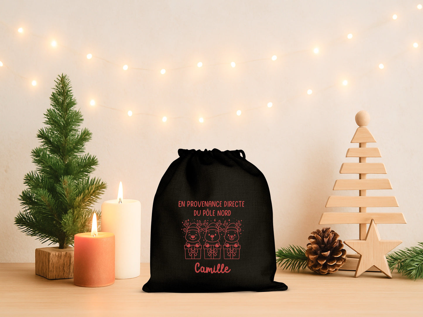 Pochon Noël Personnalisé Prénom Enfant | Hotte Père Noël Renne Pôle Nord | Sac Cadeau Coton Réutilisable | 5 Tailles