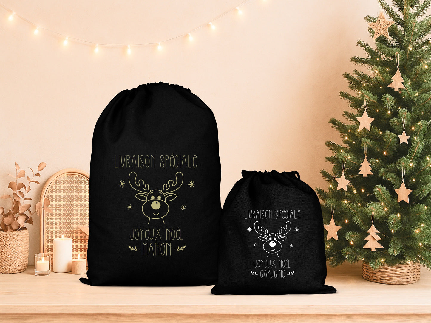 Pochon Noël Personnalisé Prénom | Hotte Père Noël Livraison Spéciale Renne | Sac Cadeau Enfant Coton | Joyeux Noël | 5 Tailles