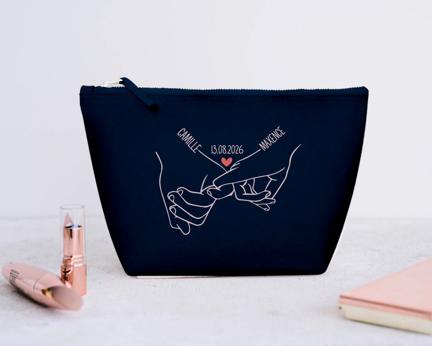Trousse Personnalisée Couple Prénoms et Date, Cadeau Couple, Trousse Maquillage Personnalisée, Cadeau Saint Valentin, Anniversaire