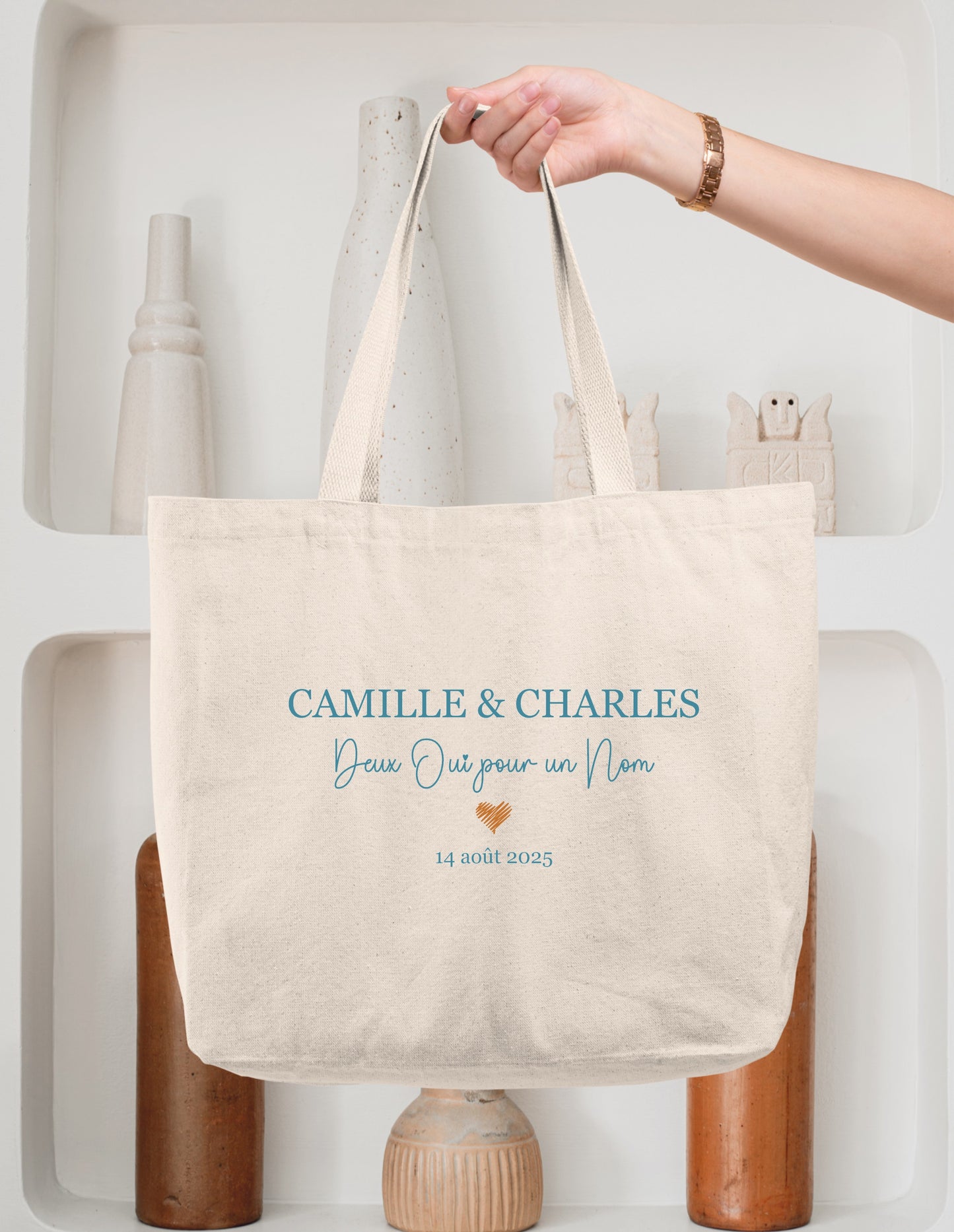Cabas coton mariage personnalisé prénoms & date – "Deux oui pour un nom" – Cadeau mariés