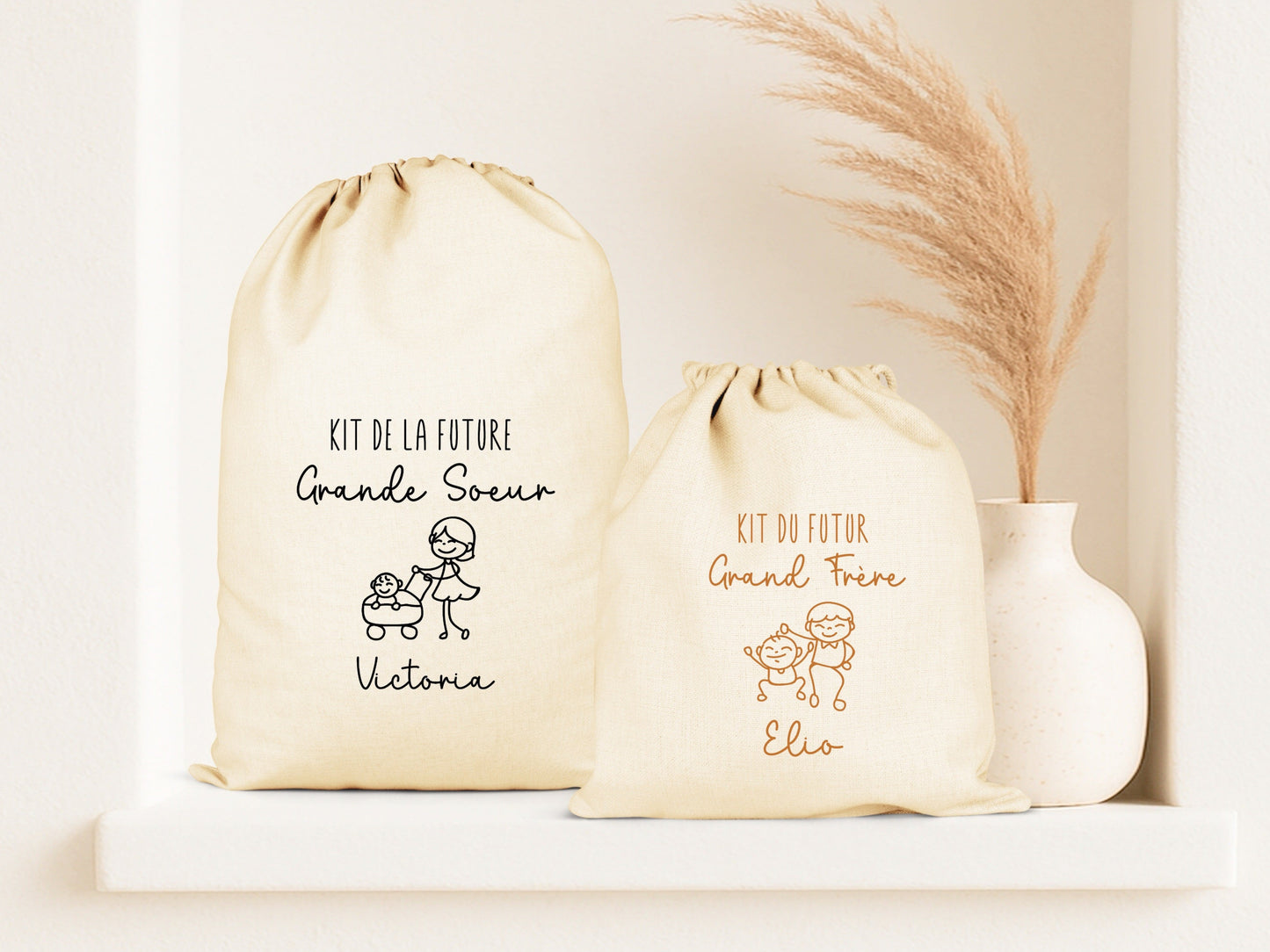 Pochon personnalisé "Kit du futur grand frère" / "Kit de la future grande sœur" + prénom – Cadeau annonce grossesse