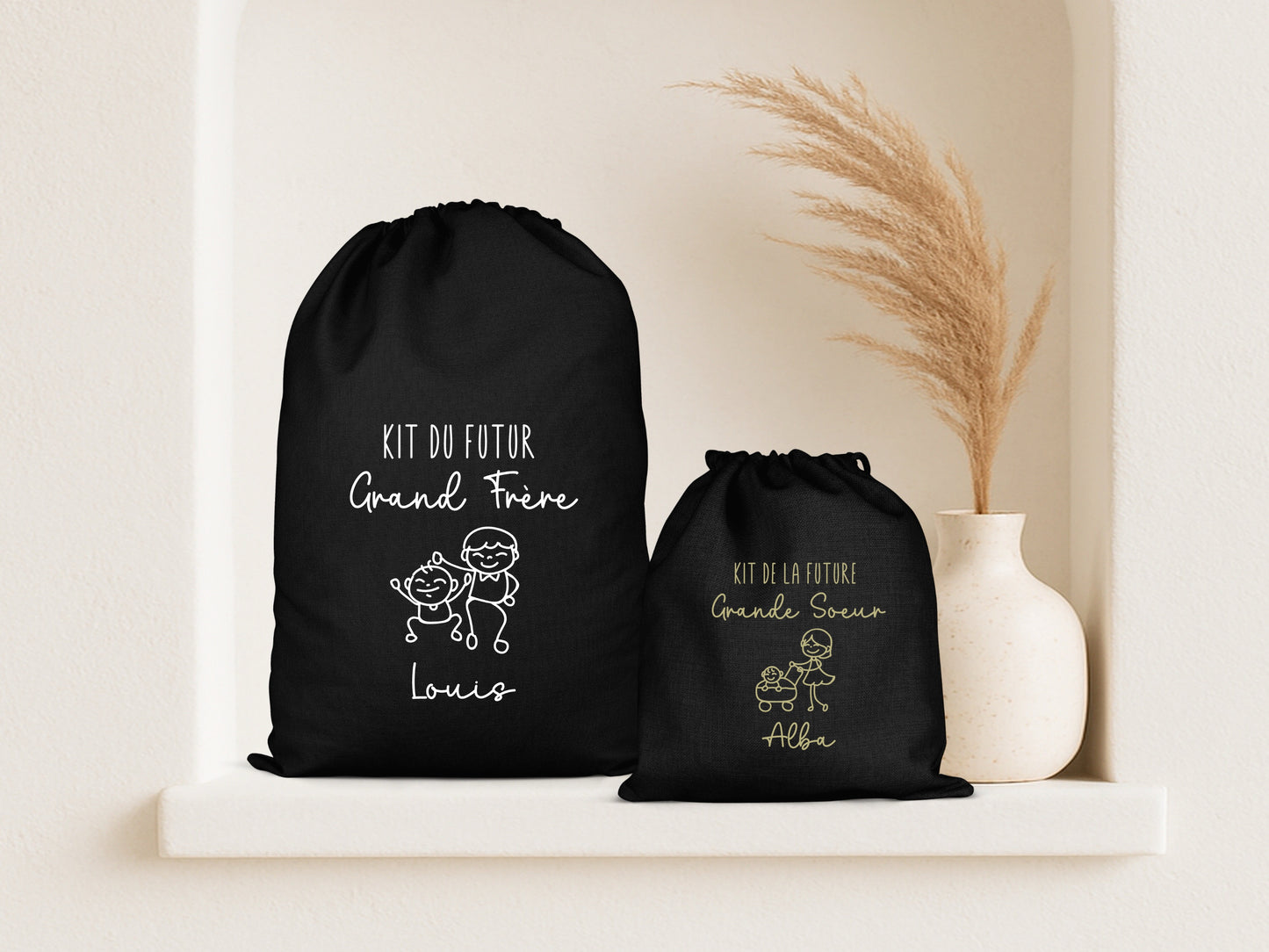Pochon personnalisé "Kit du futur grand frère" / "Kit de la future grande sœur" + prénom – Cadeau annonce grossesse