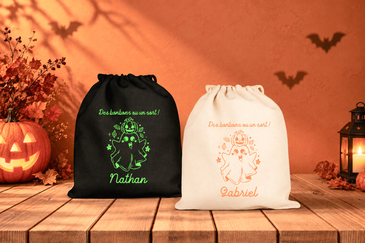 Sac Halloween personnalisé prénom, Fantôme et citrouille, Sac à bonbons enfant