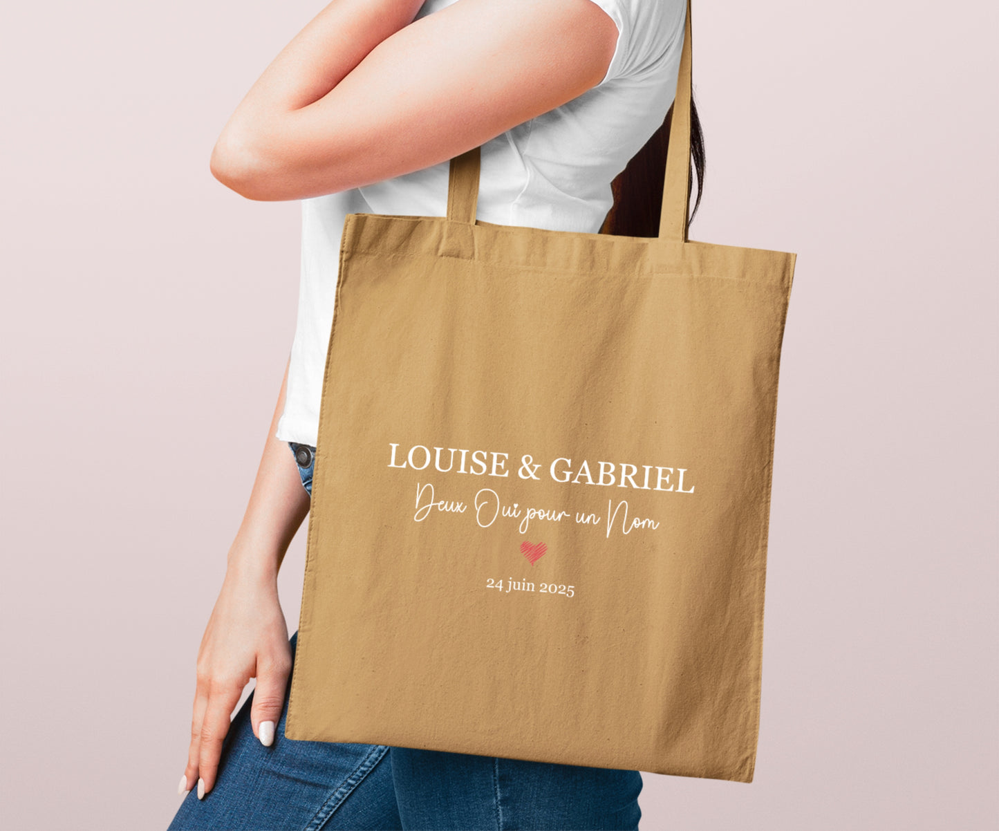 Tote bag mariage personnalisé prénoms & date – “Deux oui pour un nom” – Cadeau mariage – EVJF