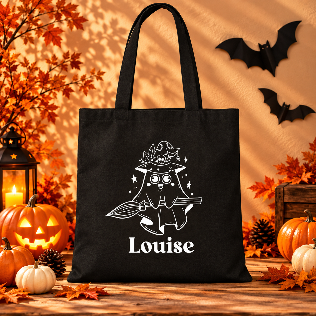 Sac Halloween personnalisé prénom , Fantôme sorcier, Tote bag, mini sac ou pochon à bonbons enfant