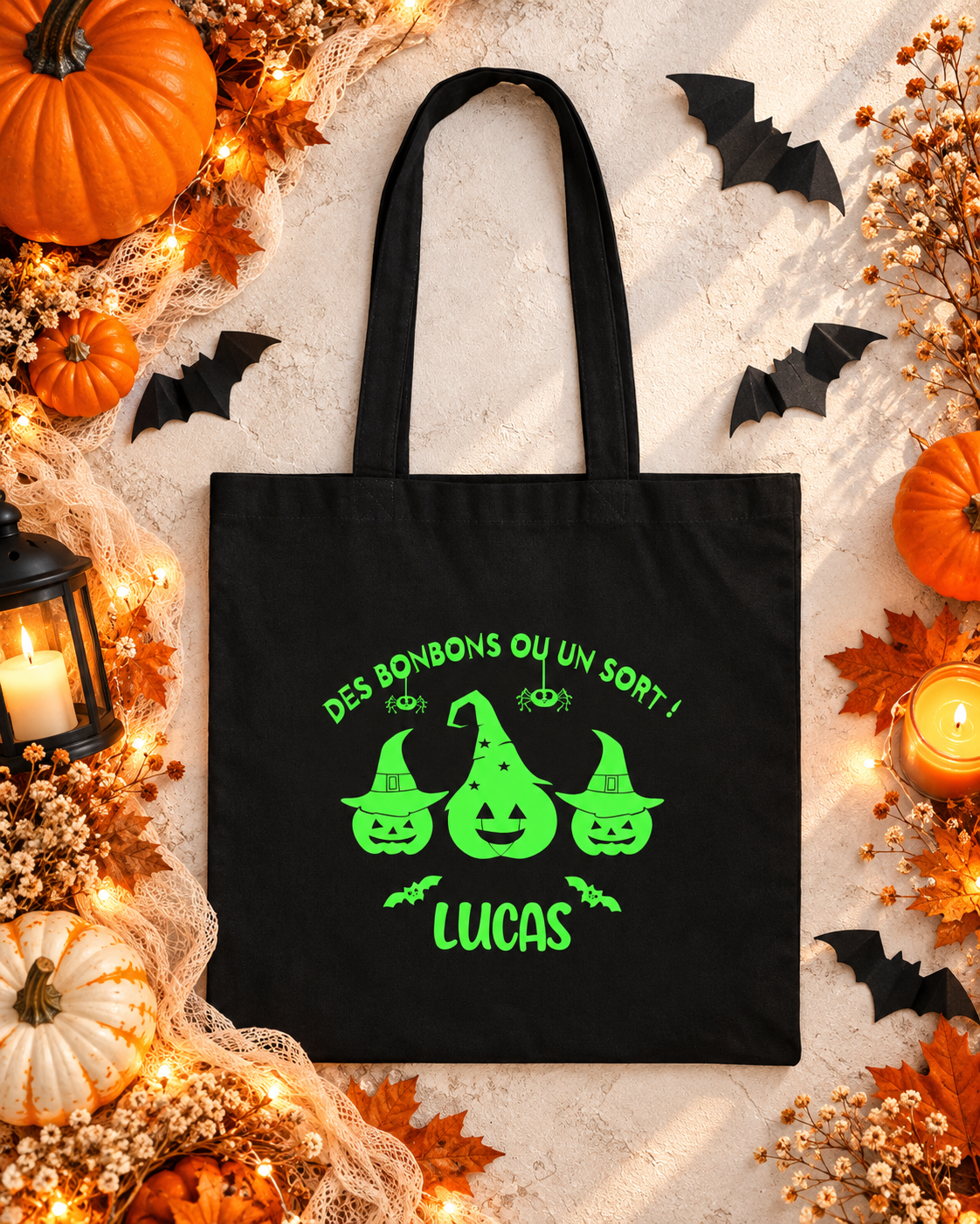 Sac Halloween personnalisé prénom, sac à bonbons enfant