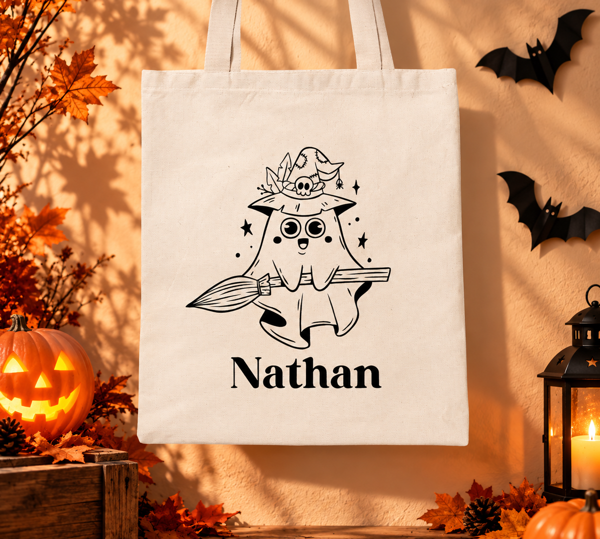 Sac Halloween personnalisé prénom , Fantôme sorcier, Tote bag, mini sac ou pochon à bonbons enfant