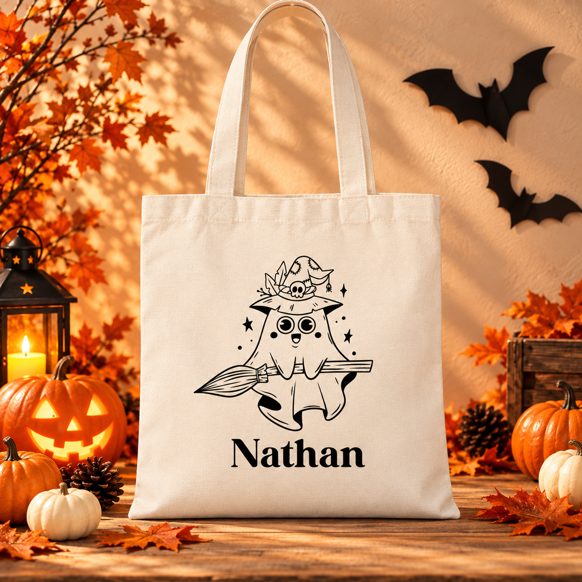 Sac Halloween personnalisé prénom , Fantôme sorcier, Tote bag, mini sac ou pochon à bonbons enfant