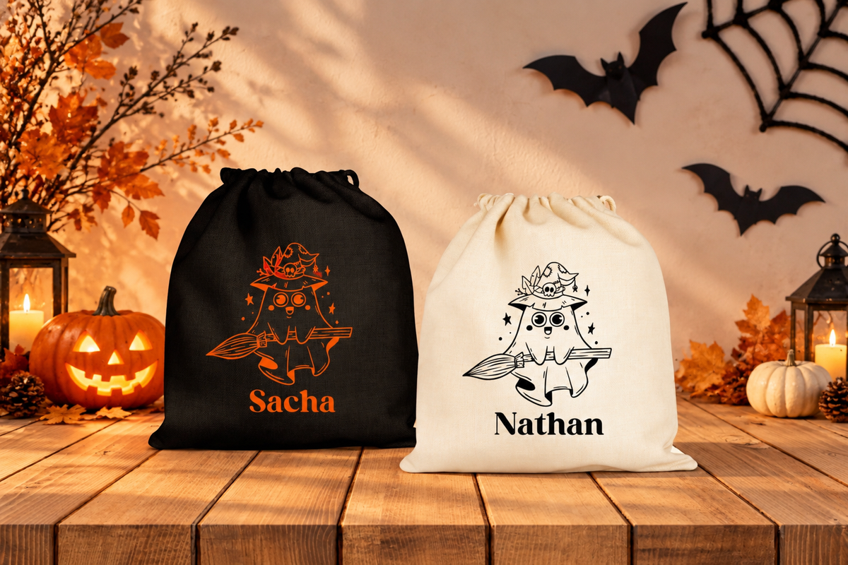 Sac Halloween personnalisé prénom , Fantôme sorcier, Tote bag, mini sac ou pochon à bonbons enfant