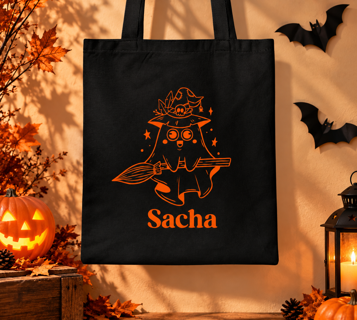 Sac Halloween personnalisé prénom , Fantôme sorcier, Tote bag, mini sac ou pochon à bonbons enfant