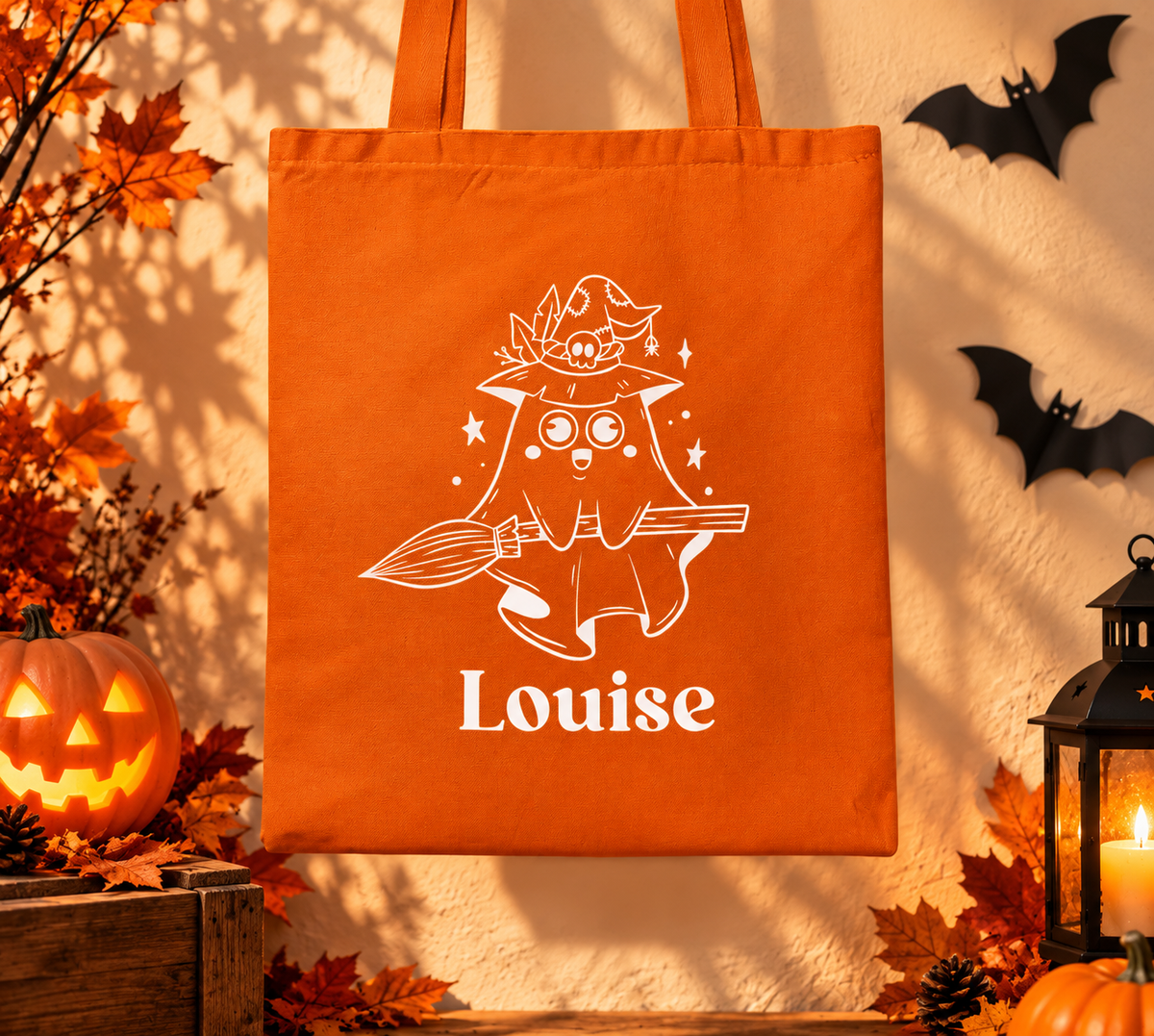 Sac Halloween personnalisé prénom , Fantôme sorcier, Tote bag, mini sac ou pochon à bonbons enfant