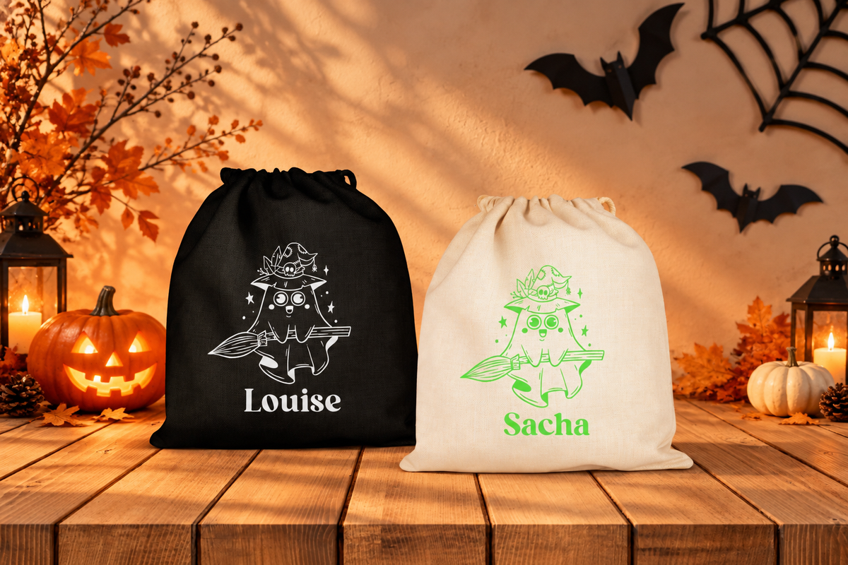 Sac Halloween personnalisé prénom , Fantôme sorcier, Tote bag, mini sac ou pochon à bonbons enfant
