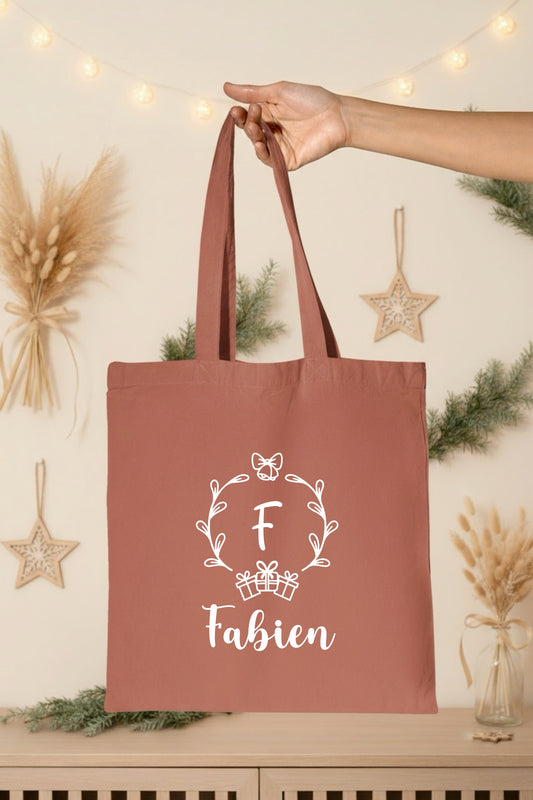 Tote Bag Noël Personnalisé Initiale Prénom | Sac Courses Couronne Monogramme Coton | Cadeau Noël Réutilisable | 7 Couleurs