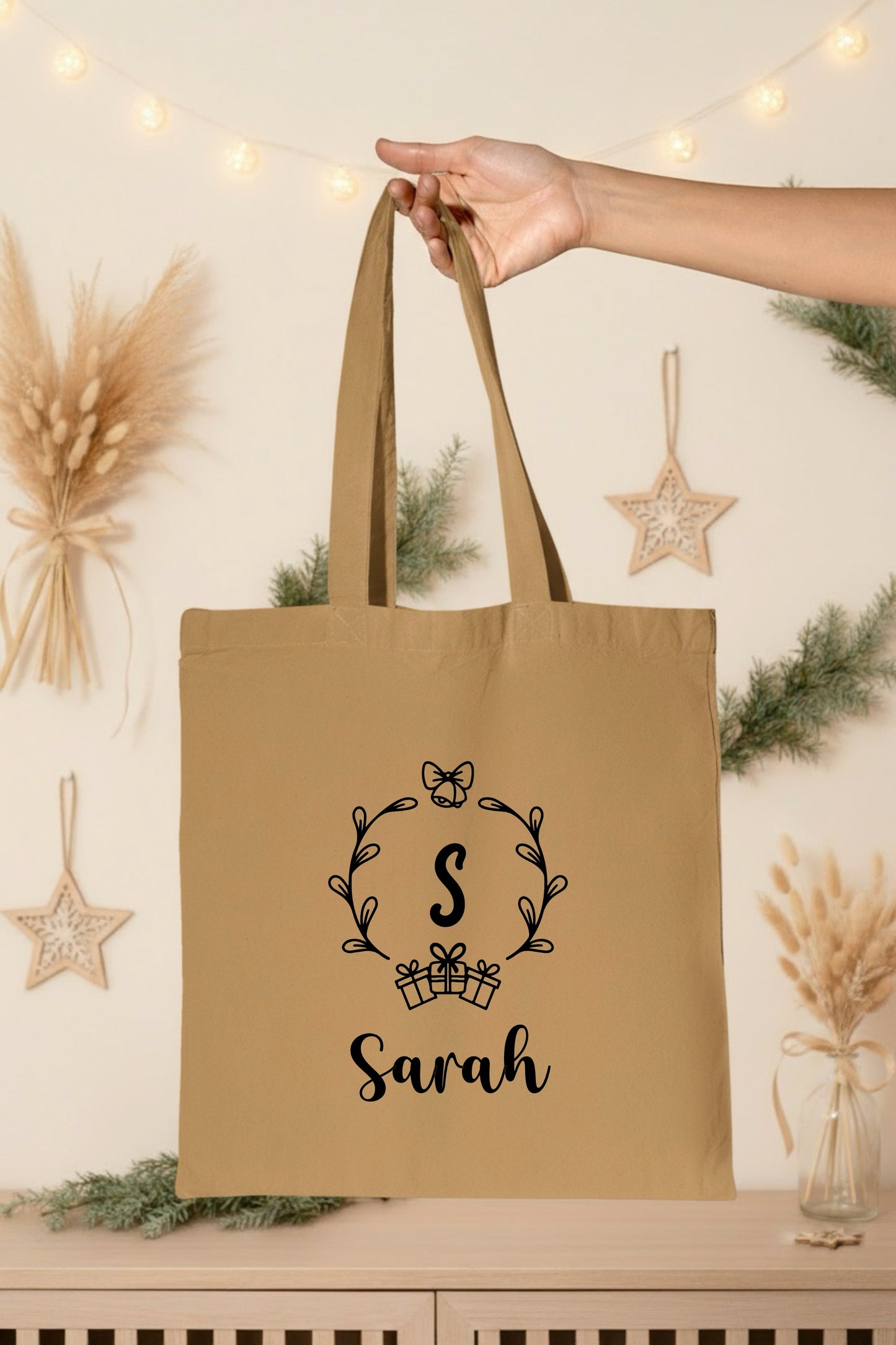 Tote Bag Noël Personnalisé Initiale Prénom | Sac Courses Couronne Monogramme Coton | Cadeau Noël Réutilisable | 7 Couleurs