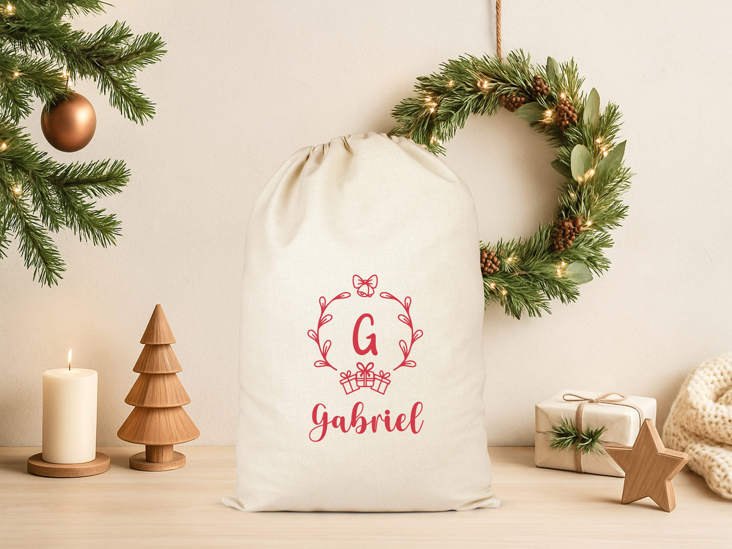 Pochon Noël Personnalisé Initiale Prénom | Hotte Père Noël Couronne Monogramme | Sac Cadeau Coton Réutilisable | 5 Tailles