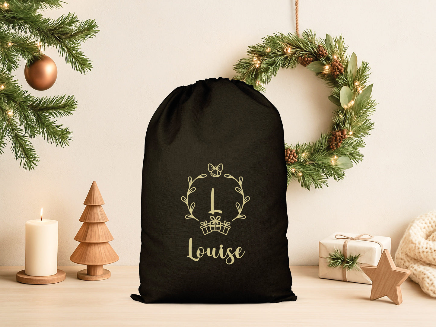 Pochon Noël Personnalisé Initiale Prénom | Hotte Père Noël Couronne Monogramme | Sac Cadeau Coton Réutilisable | 5 Tailles