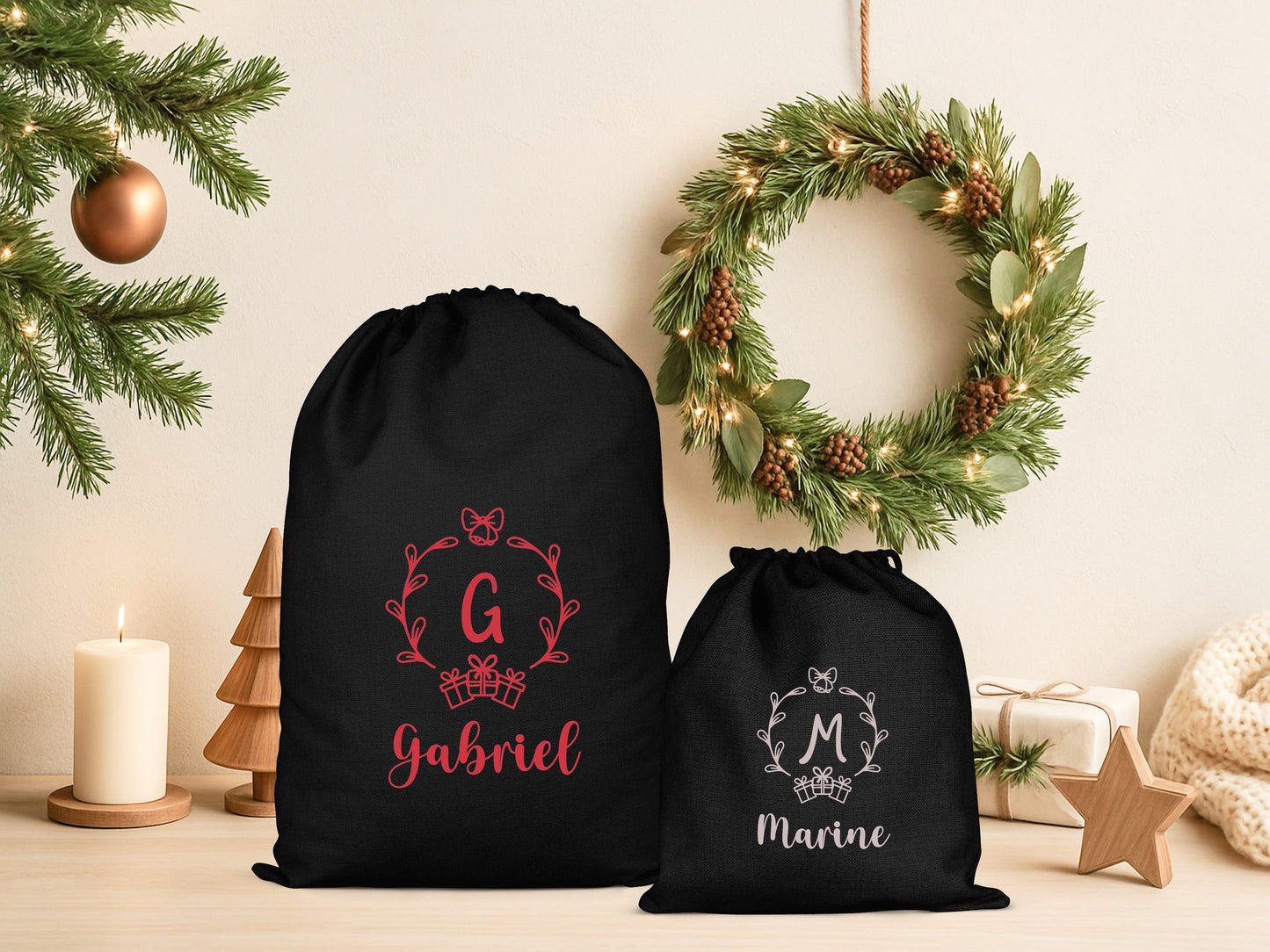 Pochon Noël Personnalisé Initiale Prénom | Hotte Père Noël Couronne Monogramme | Sac Cadeau Coton Réutilisable | 5 Tailles