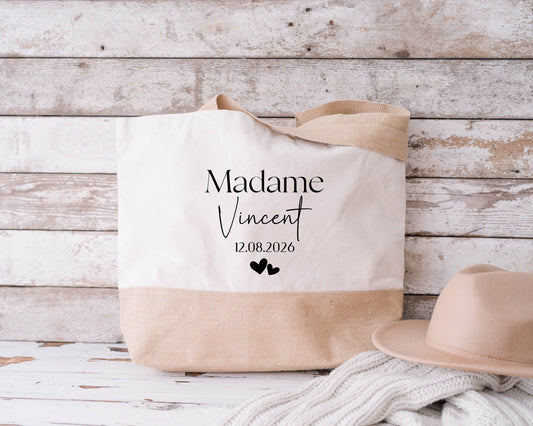Grand sac XL mariage personnalisé "Monsieur/Madame" nom & date – Cadeau mariage – Sac week-end
