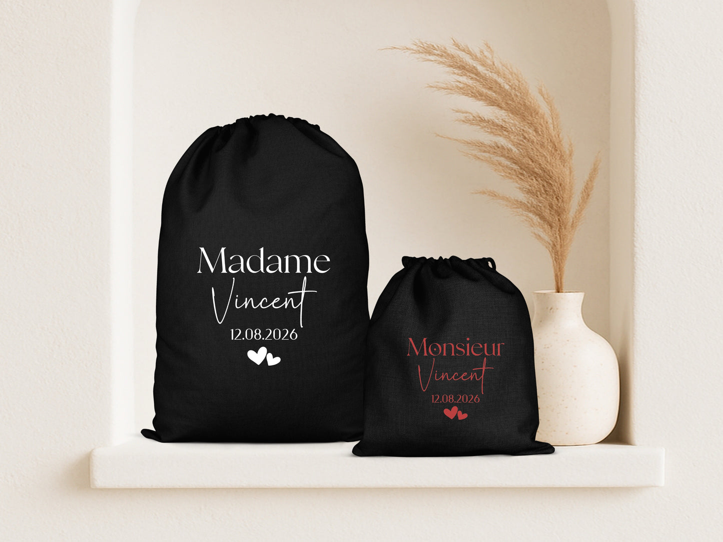 Pochon mariage personnalisé "Monsieur/Madame" + nom & date – Cadeau mariage – Accessoire couple – Souvenir