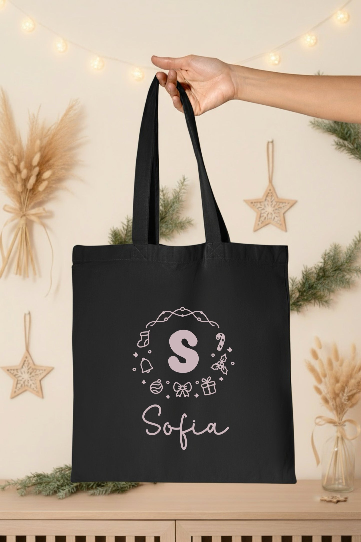 Tote Bag Noël Personnalisé Initiale Prénom | Sac Courses Couronne Motifs Festifs Coton | Cadeau Noël Réutilisable | 7 Couleurs